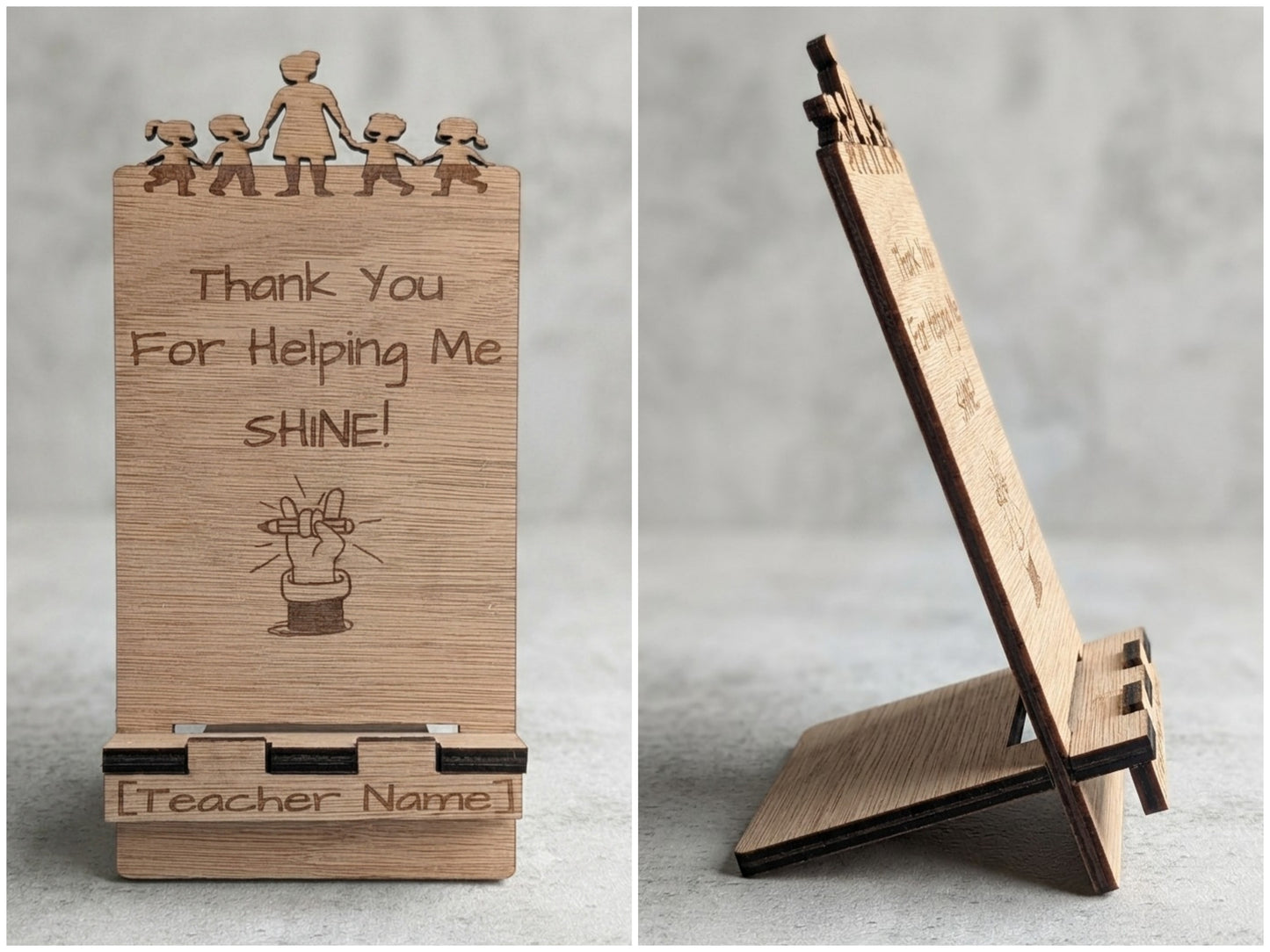 Personalised wooden teacher appreciation phone stand with laser cut silhouette design and engraved message