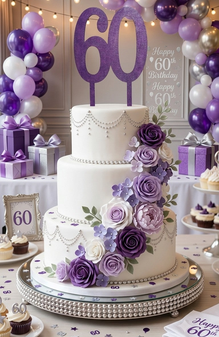 Personalised wooden 60th birthday cake topper with purple floral decoration