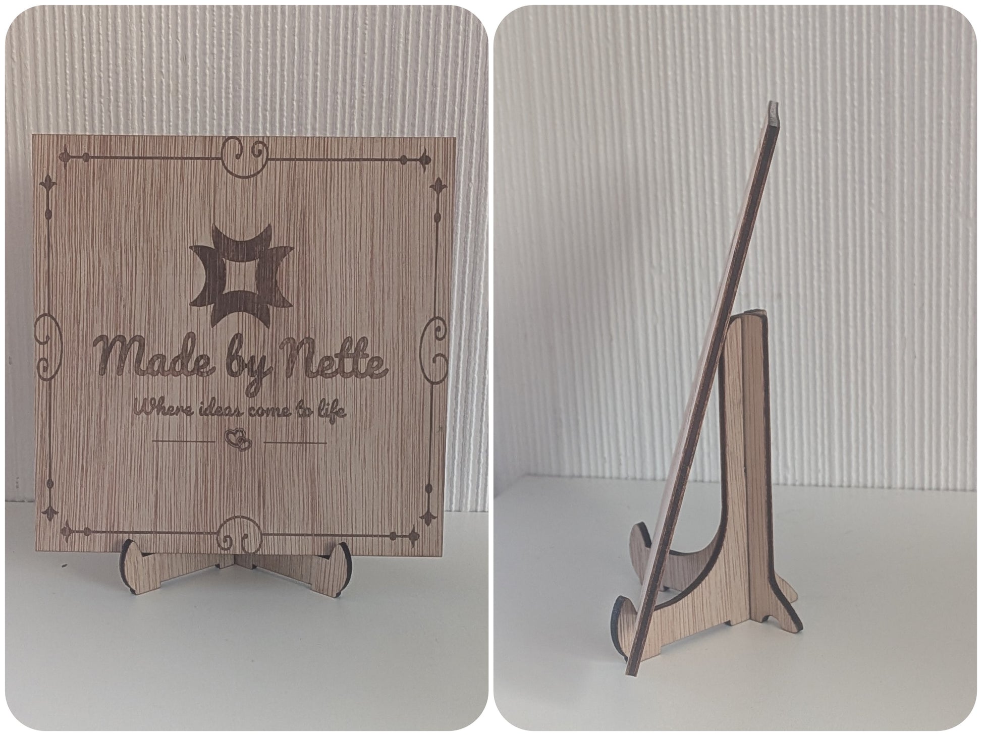 Personalised wooden desktop business sign with matching wooden easel stand, laser engraved with Made by Nette branding