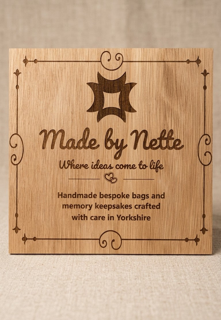 Personalised wooden business sign with engraved text and decorative border, made from natural wood with clear lacquer finish