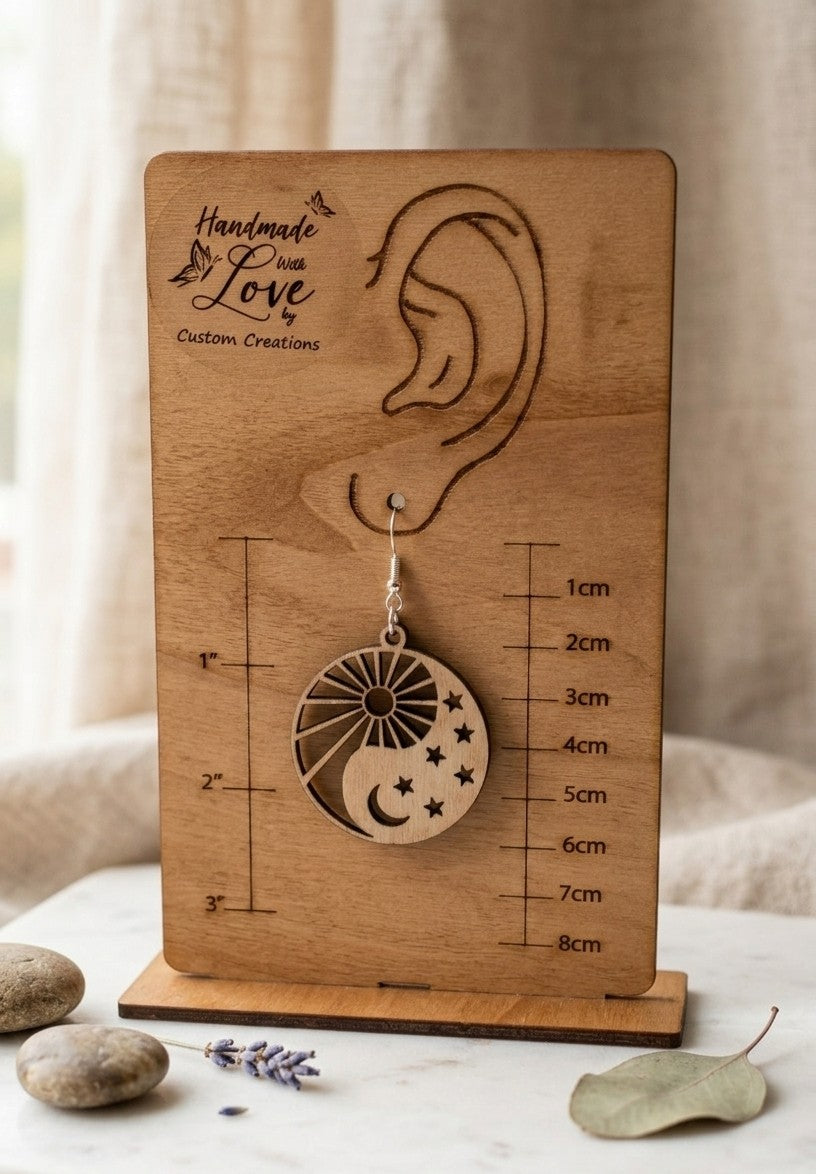 Sun Moon Stars Wooden Earrings - Celestial Design