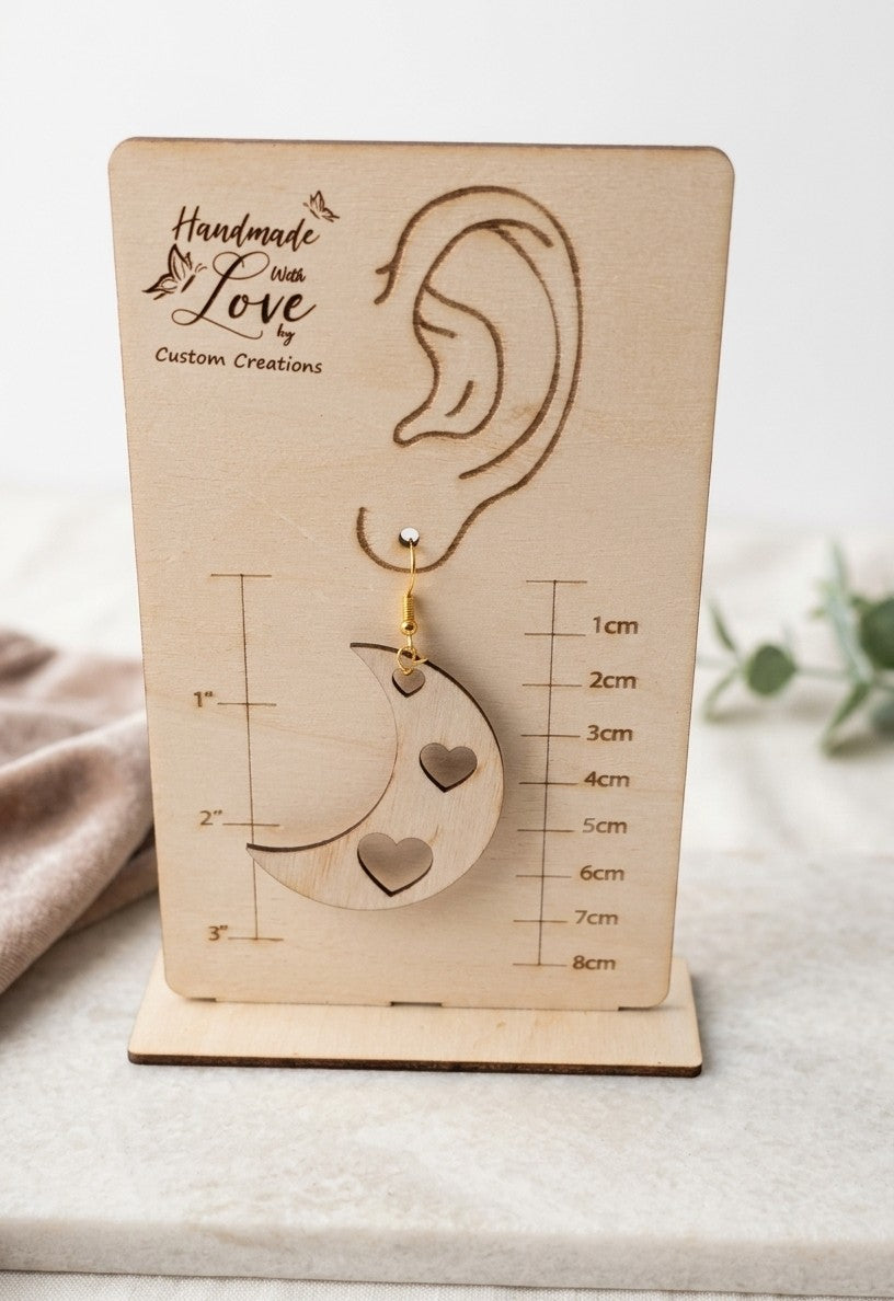 Crescent Moon Hearts Wooden Earrings - Love & Dreams