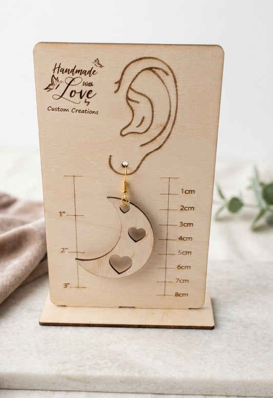 Crescent Moon Hearts Wooden Earrings - Love & Dreams