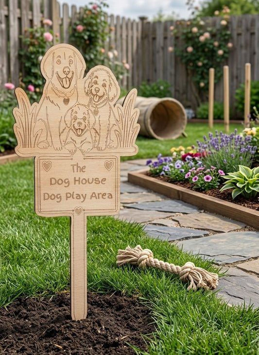 Personalised wooden garden sign with stake – Dog Play Area example