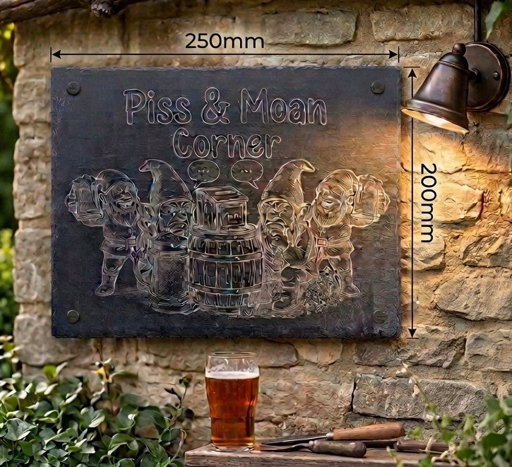 Personalised slate garden sign – Piss and Moan Corner example