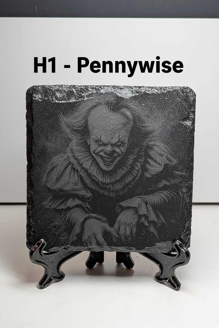 Pennywise laser-engraved slate coaster — horror character design