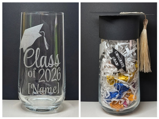 Personalised Graduation Laser Engraved Glass Tumbler with Novelty Mortarboard