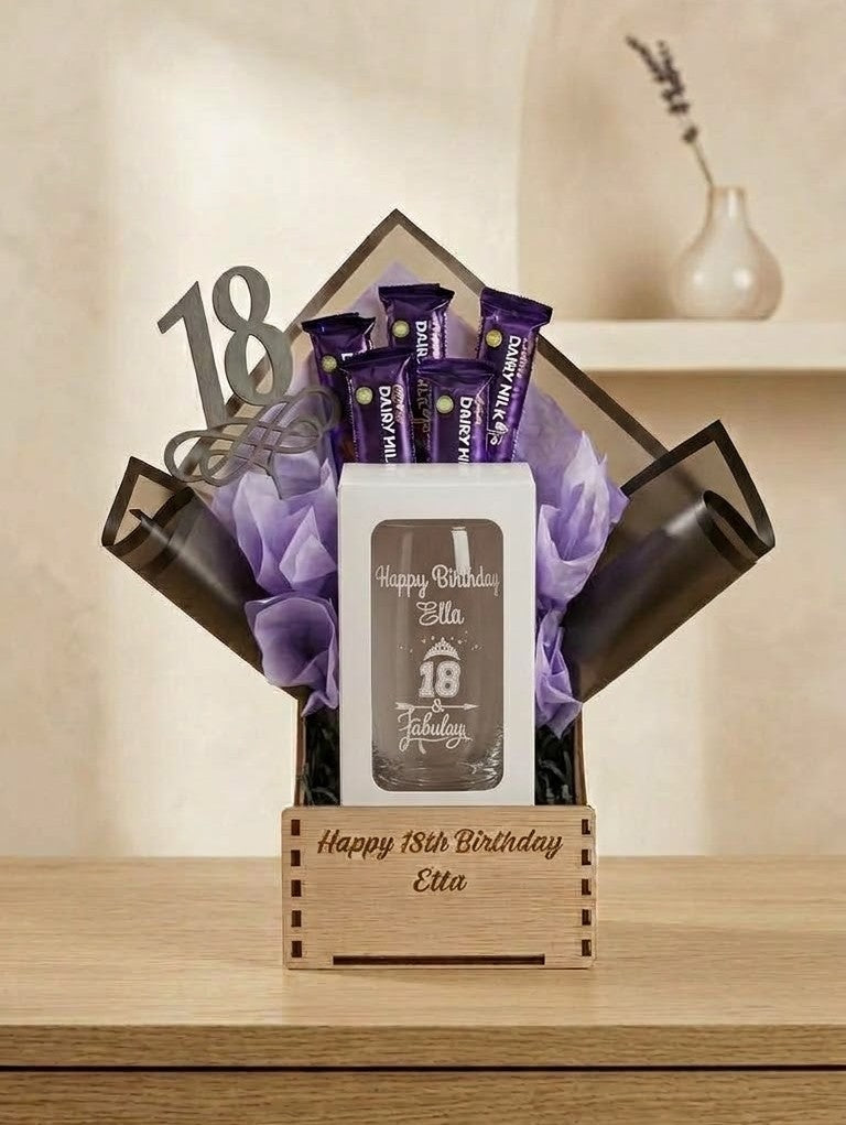 Personalised 18th birthday glass and chocolate bouquet in a wooden gift box