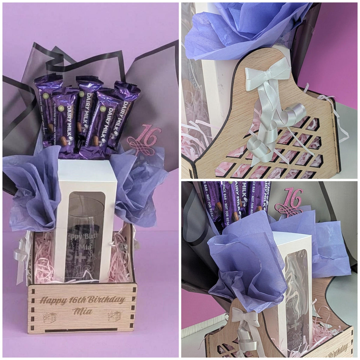 Personalised 16th birthday glass and chocolate bouquet with wooden gift box and topper