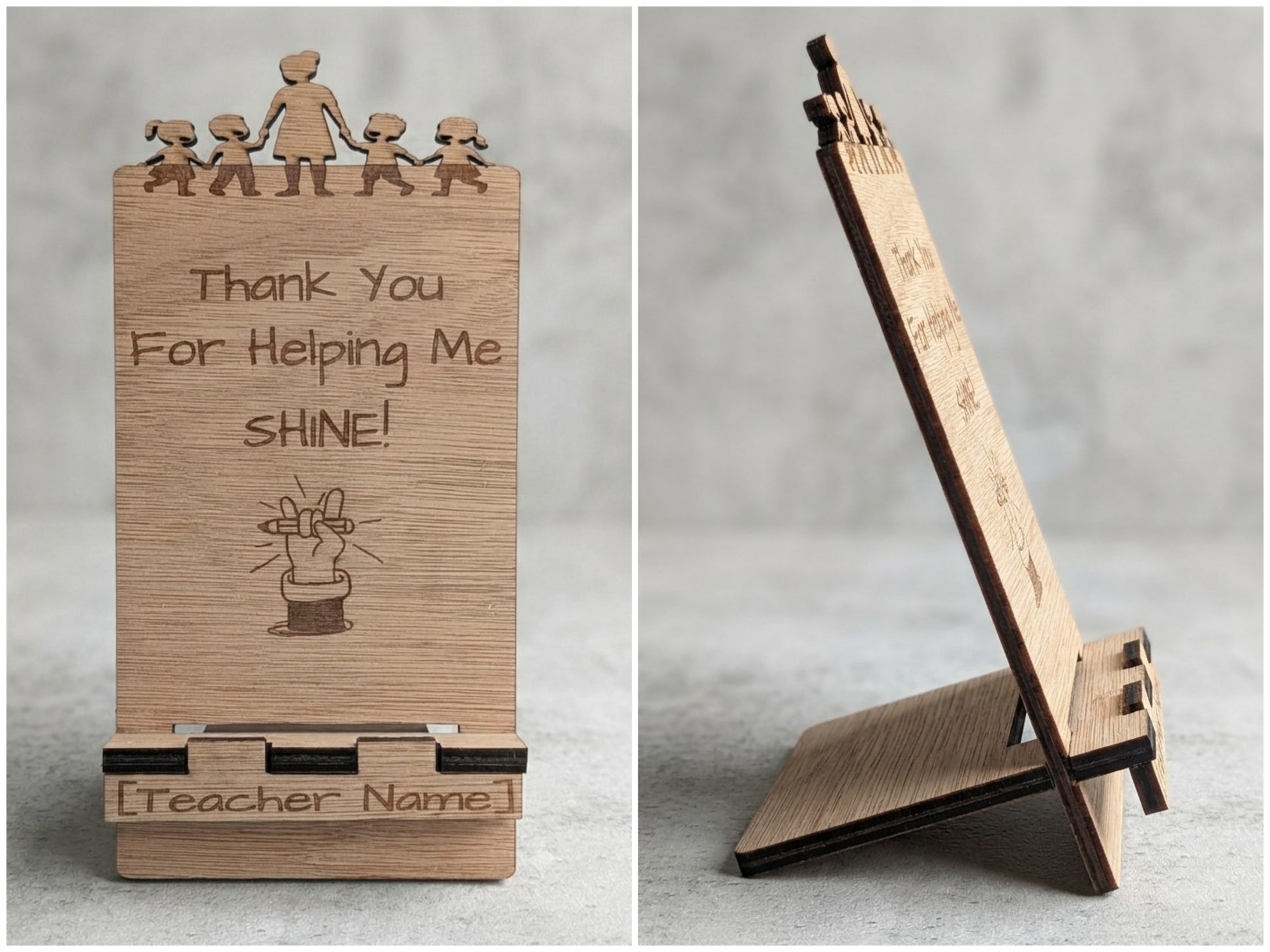 Personalised wooden teacher appreciation phone stand with laser cut silhouette design and engraved message