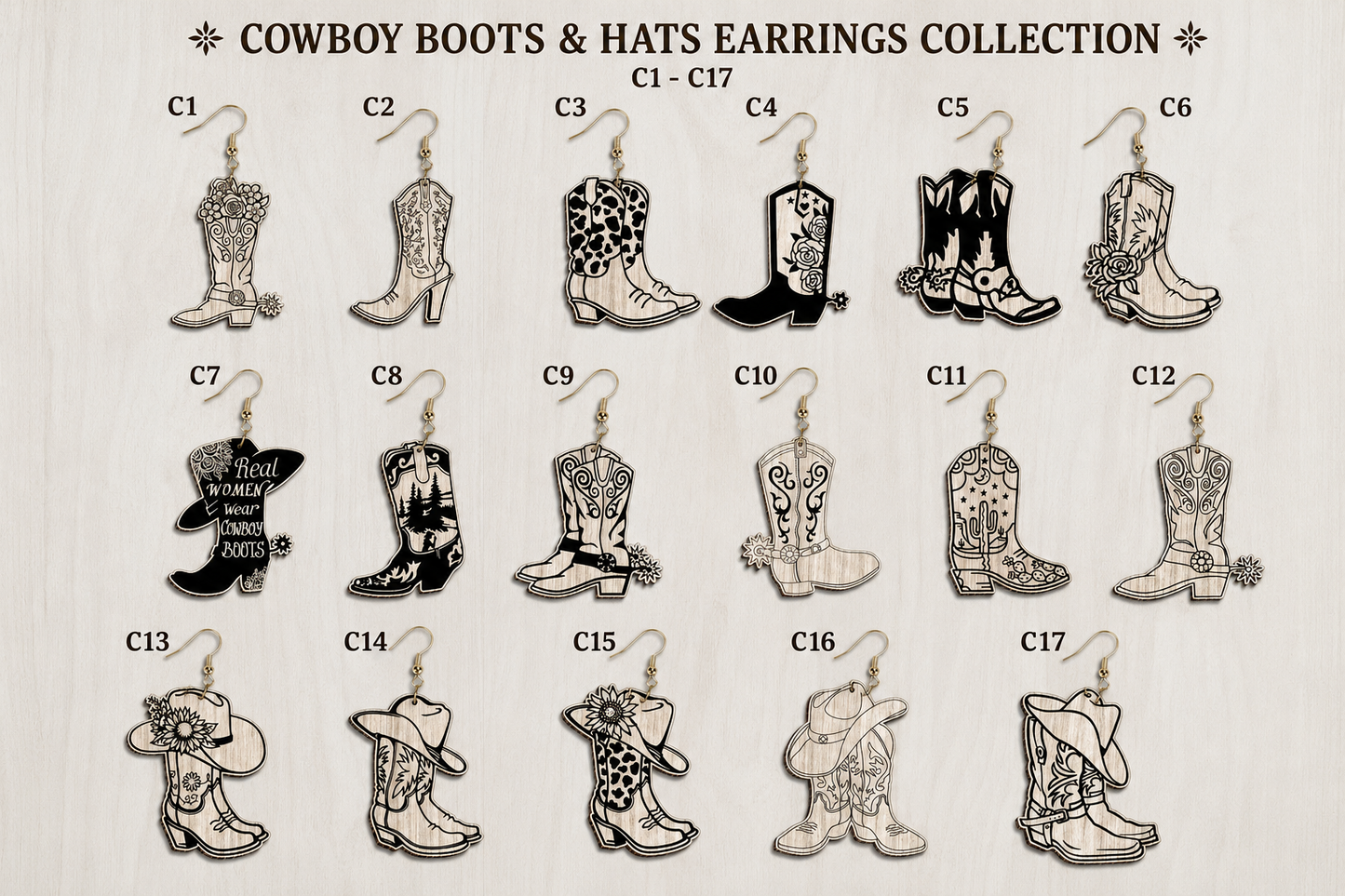 Cowboy Boots and Hats Earrings Collection – designs C1 to C17