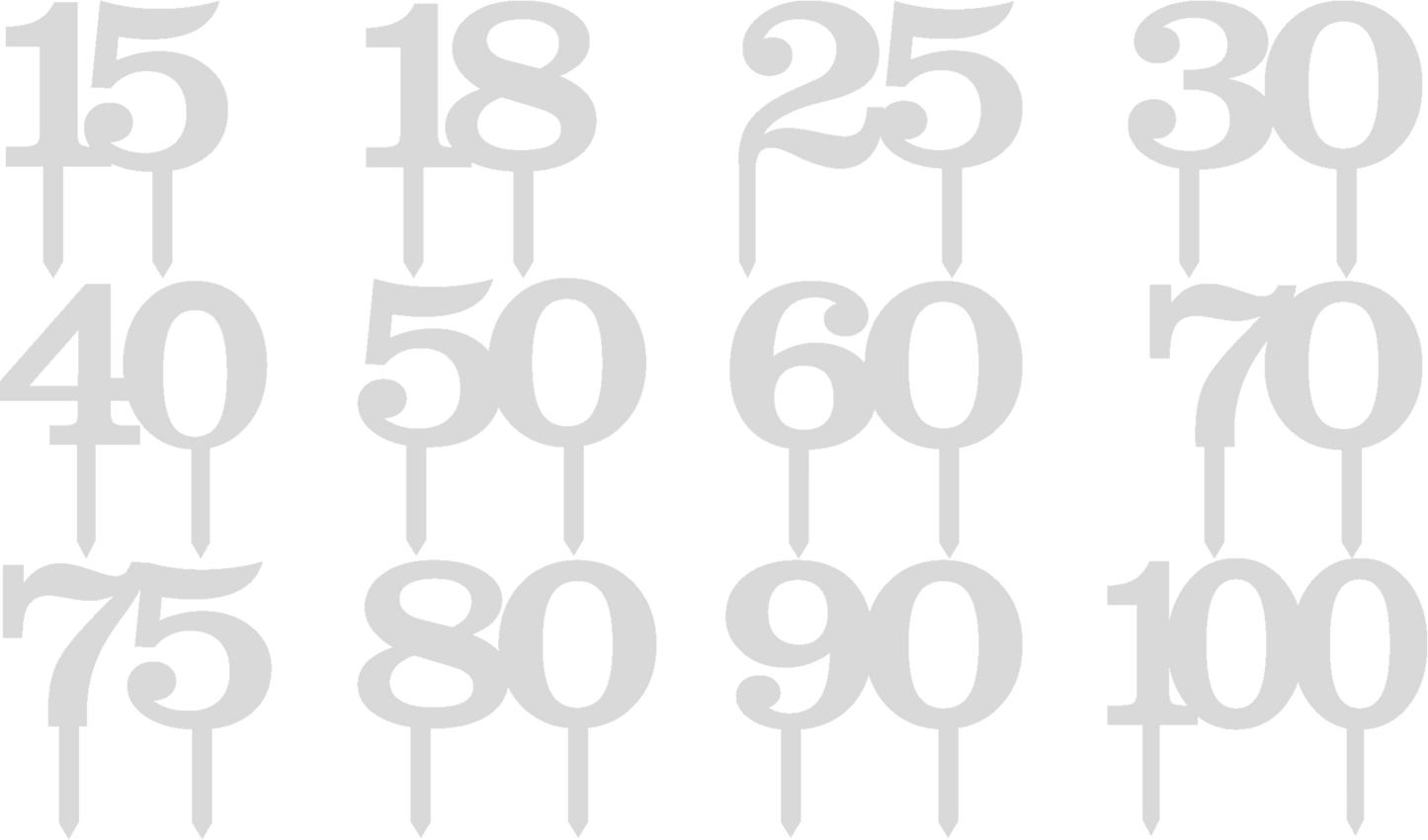 Wooden birthday cake topper number options: 15, 18, 25, 30, 40, 50, 60, 70, 75, 80, 90, 100