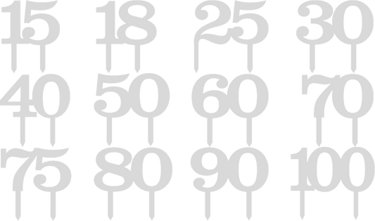 Wooden birthday cake topper number options: 15, 18, 25, 30, 40, 50, 60, 70, 75, 80, 90, 100