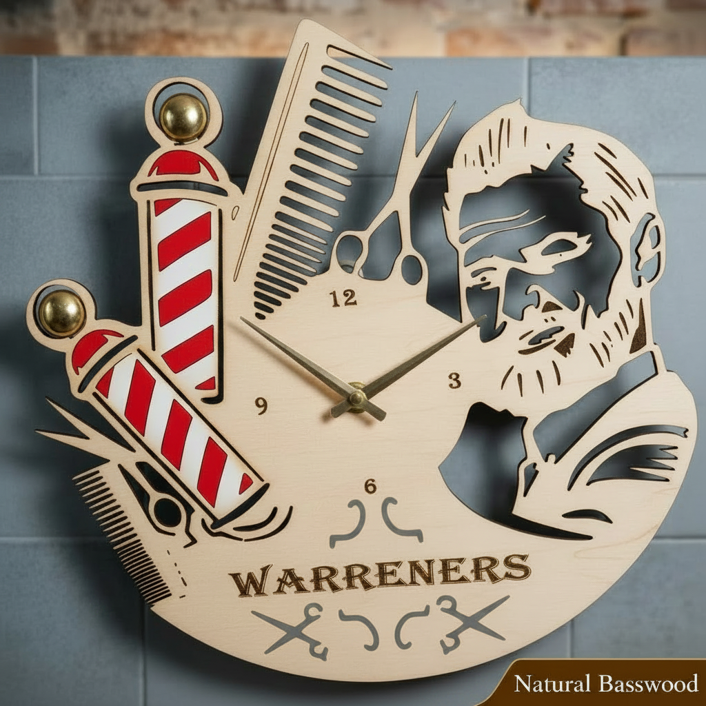 Barber Shop Wall Clock - Natural Basswood with Grey Accents