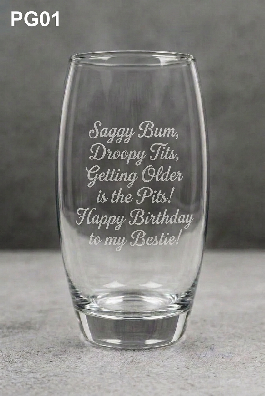 Birthday-message glass with PG01 in the top-left corner