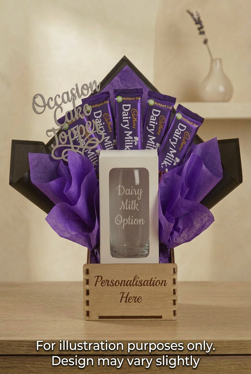 Dairy Milk bouquet with “For illustration purposes only. Design may vary slightly” at the bottom centre