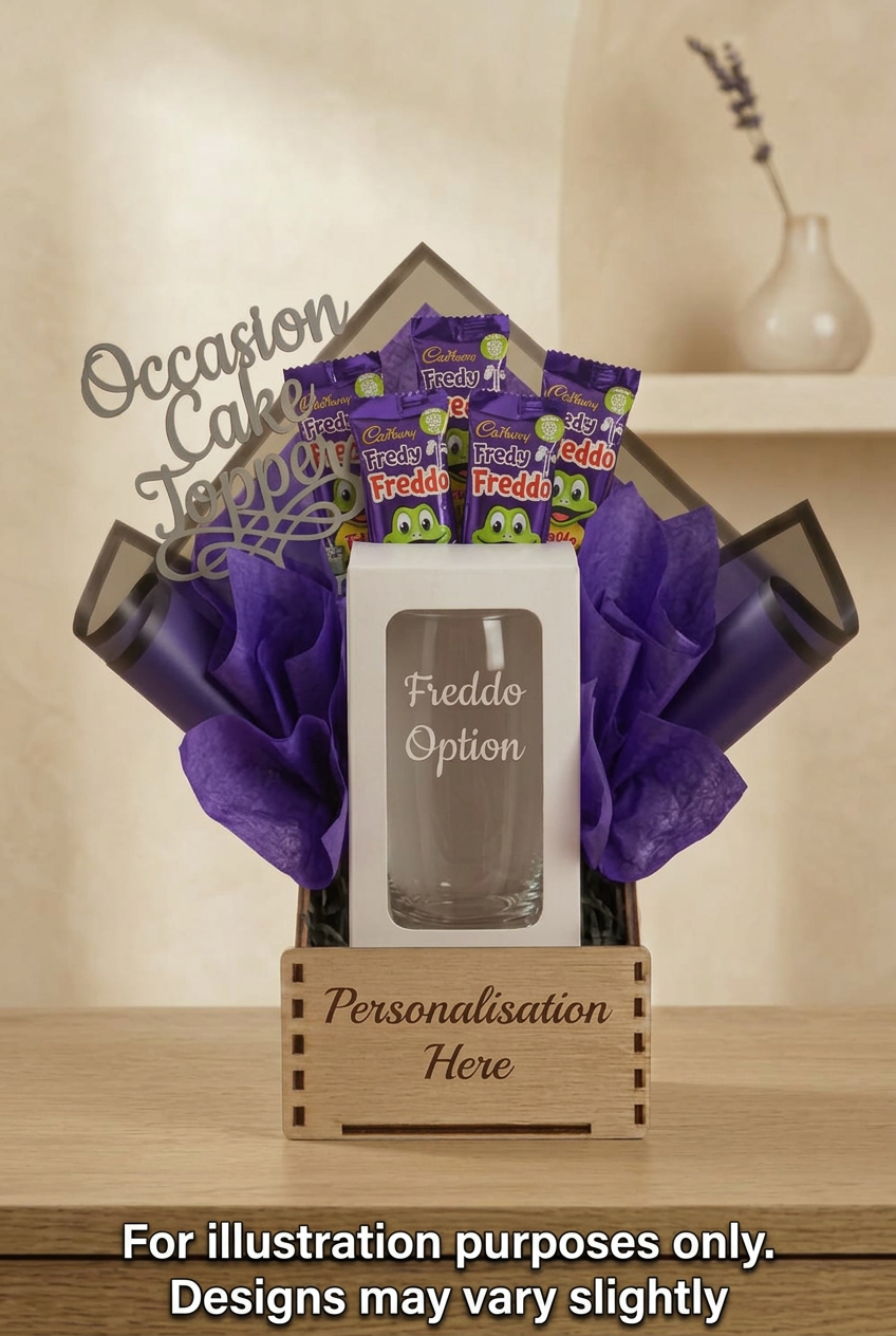 Freddo bouquet with bottom-centred caption