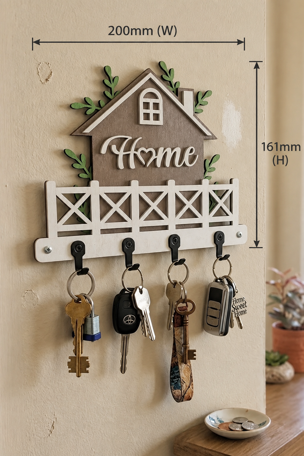 Home key holder with 200mm width and 161mm height annotations
