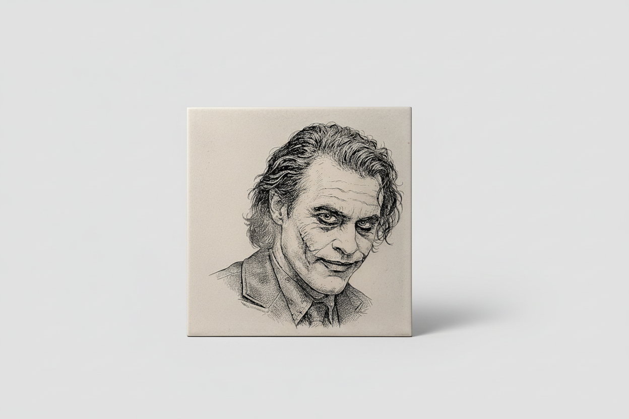 Laser-etched Joker portrait on ceramic tile