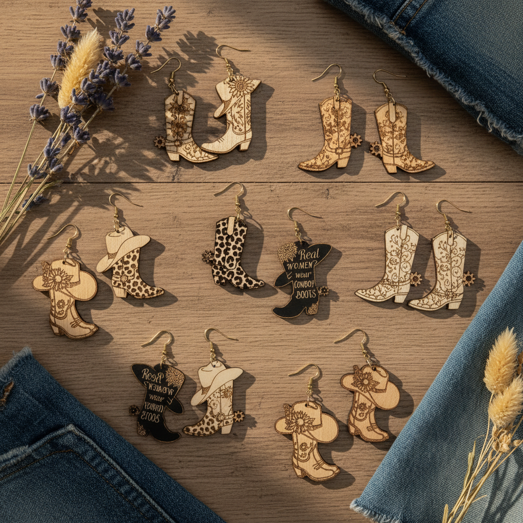 Cowboy boot and hat wooden earrings lifestyle flat lay showing multiple designs on rustic wooden surface with western boho styling