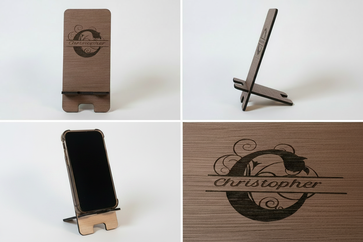 Personalised Wooden Phone Stand – Walnut Finish – Portrait Corrected