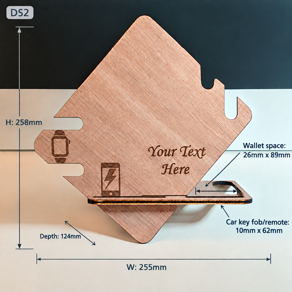 Revised DS2 dimensions showing the full key fob space and the hole behind it