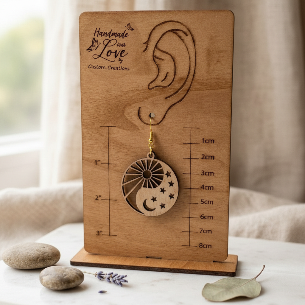 Sun Moon & Stars wooden earrings with gold-plated hooks
